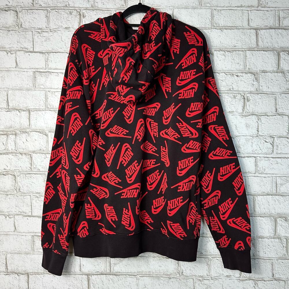 Nike Hoodie Essentials All Over Logo Sweatshirt Cotton Blend Black Red M - Picture 3 of 9